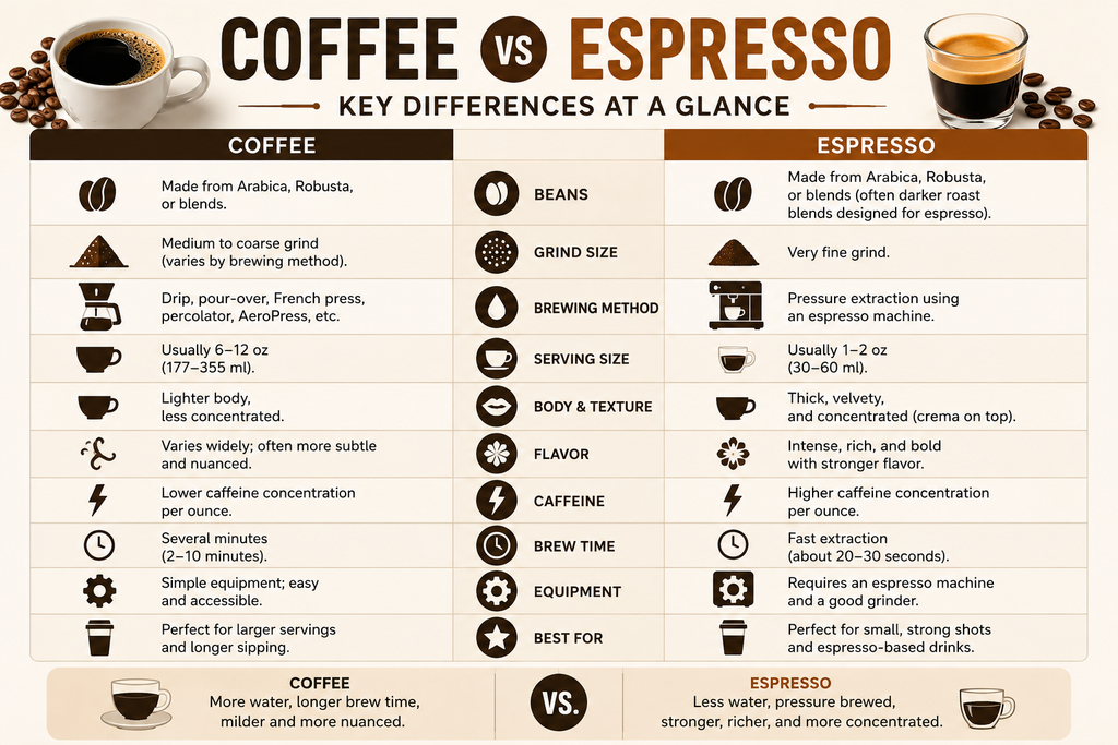 Coffee vs espresso comparison showing differences in grind size, brewing method, serving size, caffeine, flavor, texture, and equipment