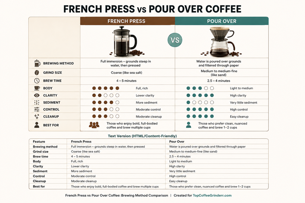 French press vs pour over coffee comparison showing brewing method, grind size, brew time, body, clarity, sediment, control, and cleanup