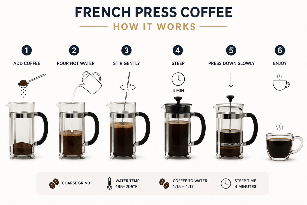 French press coffee brewing guide with step-by-step instructions
