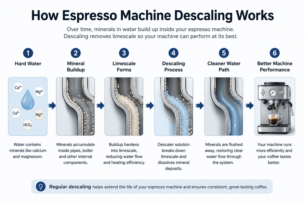How espresso machine descaling removes mineral buildup