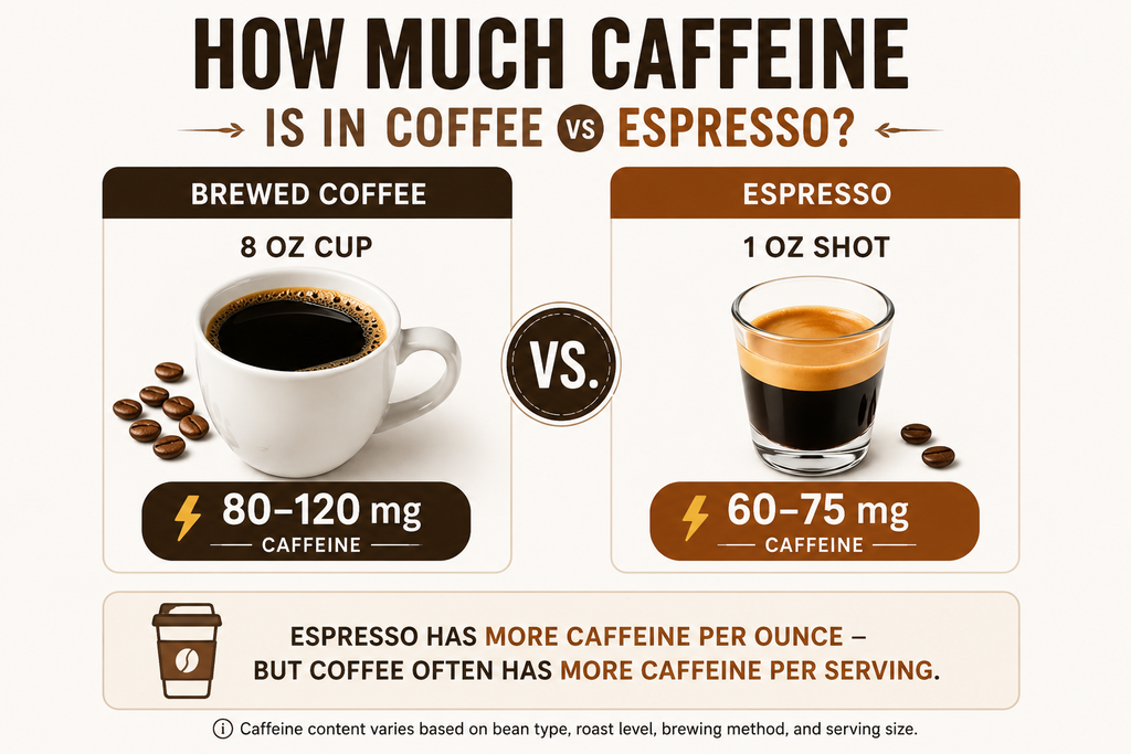 Coffee vs espresso caffeine comparison showing 80–120 mg in an 8 oz cup of brewed coffee and 60–75 mg in a 1 oz espresso shot