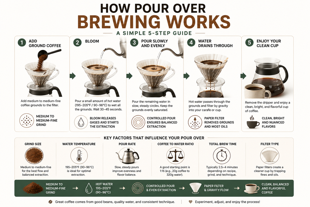 Five-step infographic showing how pour over coffee brewing works with ground coffee, blooming, controlled pouring, paper filtration, and serving
