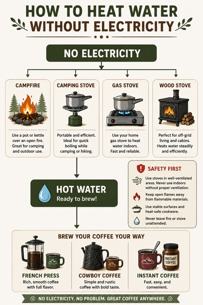 Infographic showing four ways to heat water without electricity, including a campfire, camping stove, gas stove, and wood stove, followed by hot water for making coffee.