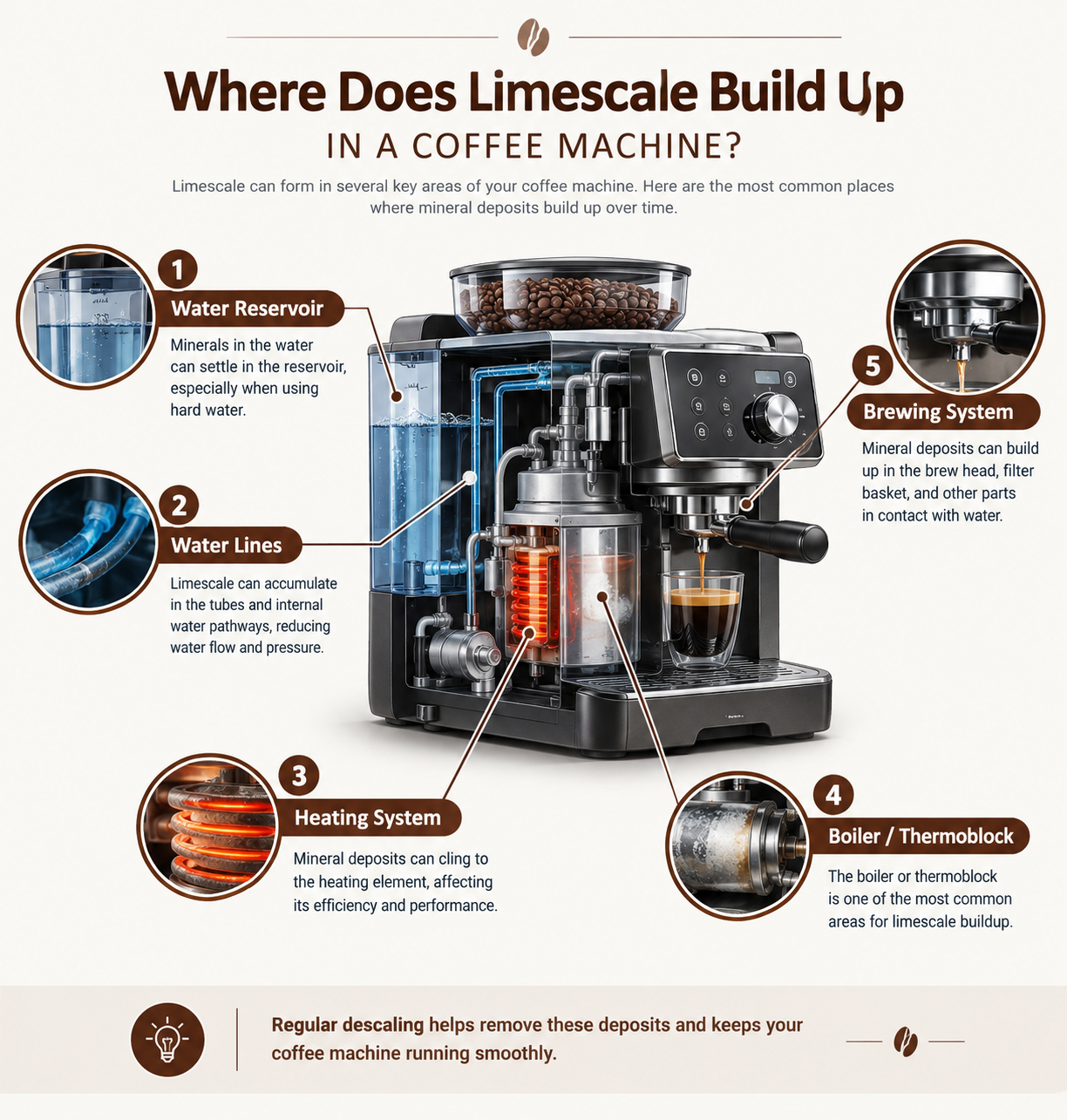 Coffee machine diagram showing where limescale builds up in the water reservoir, water lines, heating system, boiler, and brewing system