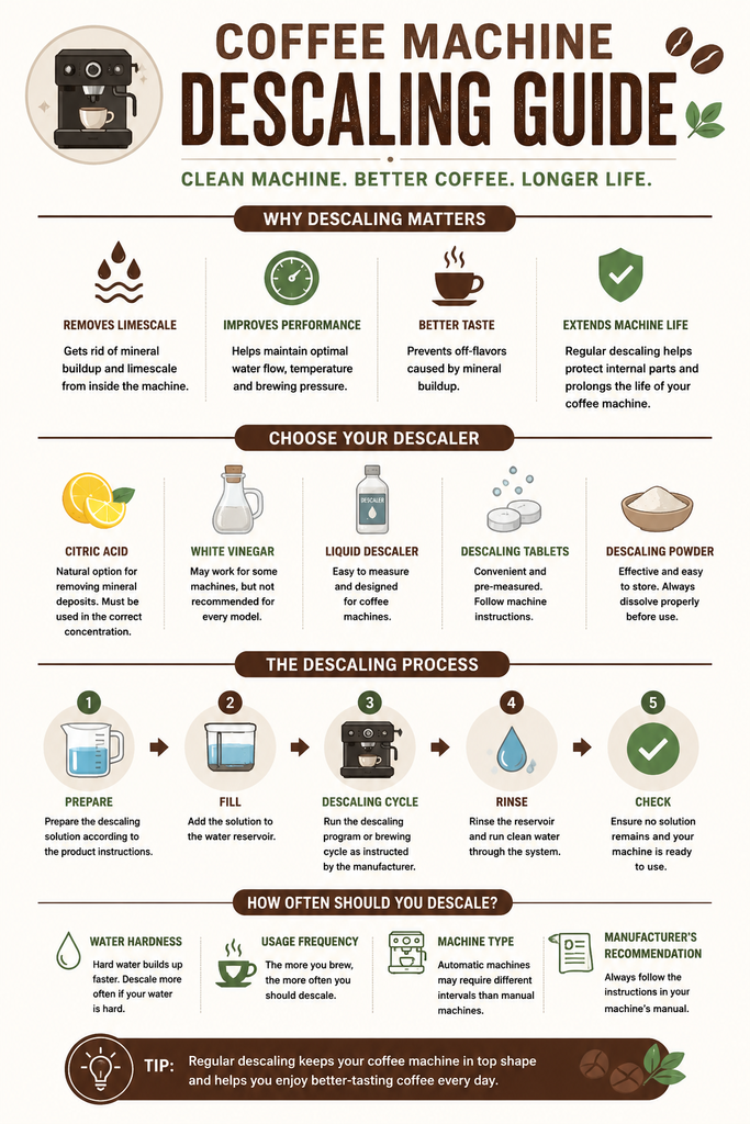 Coffee machine descaling guide showing descaler types, steps, and frequency