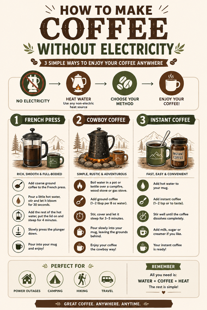Infographic showing three ways to make coffee without electricity: French press, cowboy coffee, and instant coffee, with step-by-step instructions.