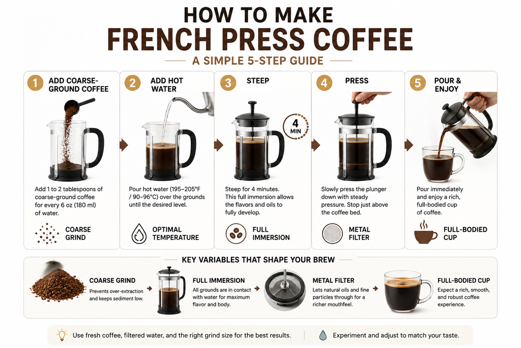 Five-step guide showing how to make French press coffee with coarse grounds, hot water, steeping, pressing, and pouring